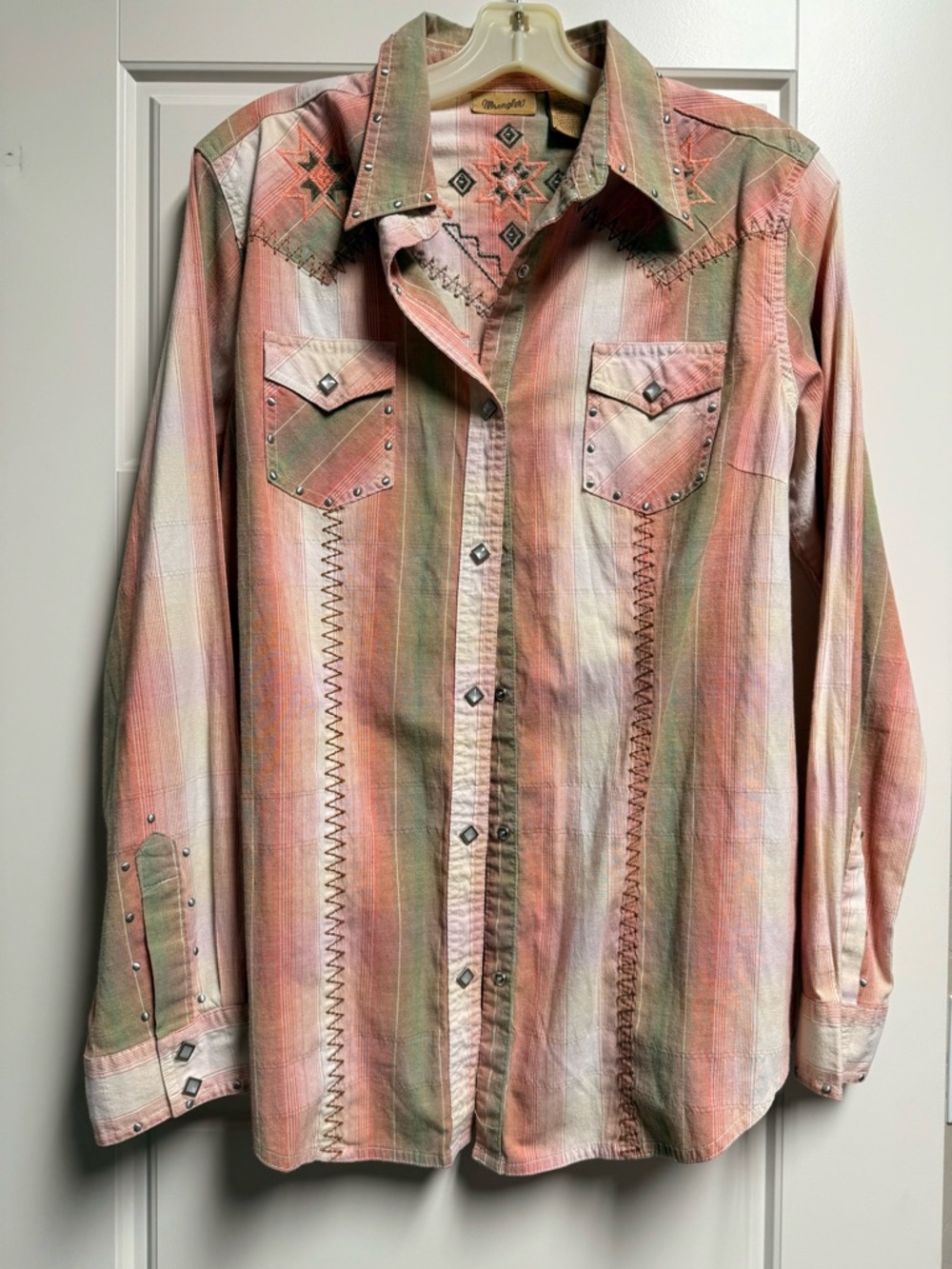 Wrangler Coral and Green Striped Western Button-Down Shirt